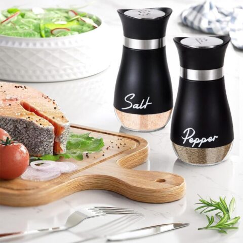 Edelstahl Salz- und Pfefferstreuer Set mit Glasflasche, Gewürzspender Küchenzubehör für Haus, Küche, Restaurant, Esstisch (Schwarz)