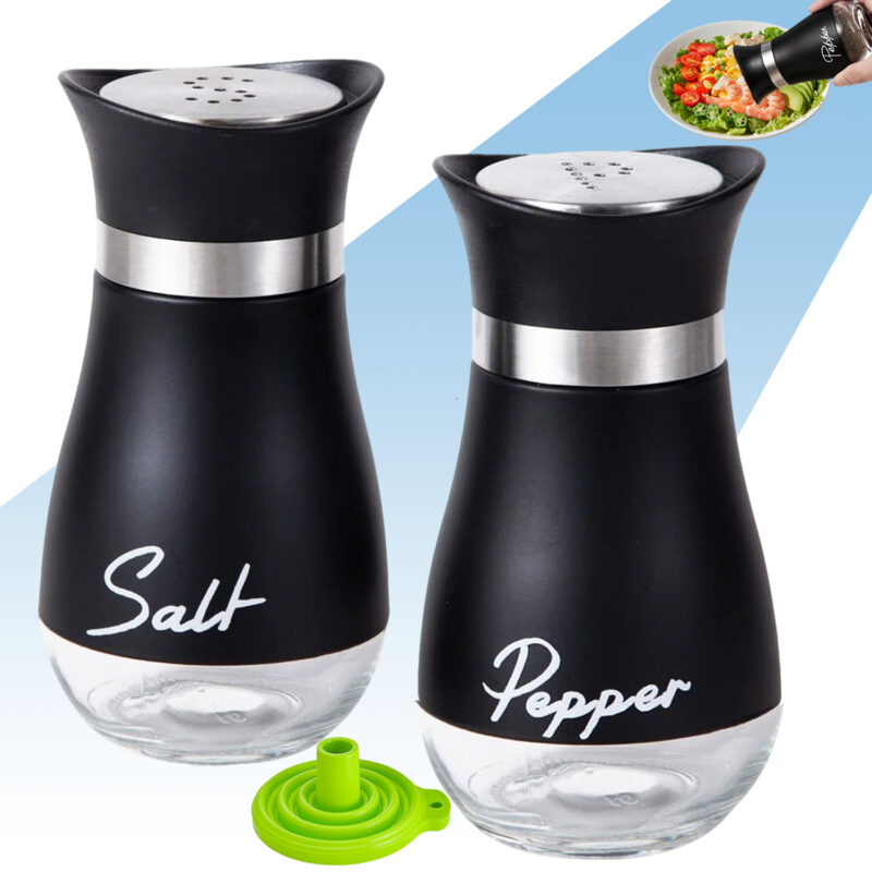Edelstahl Salz- und Pfefferstreuer Set mit Glasflasche, Gewürzspender Küchenzubehör für Haus, Küche, Restaurant, Esstisch (Schwarz)